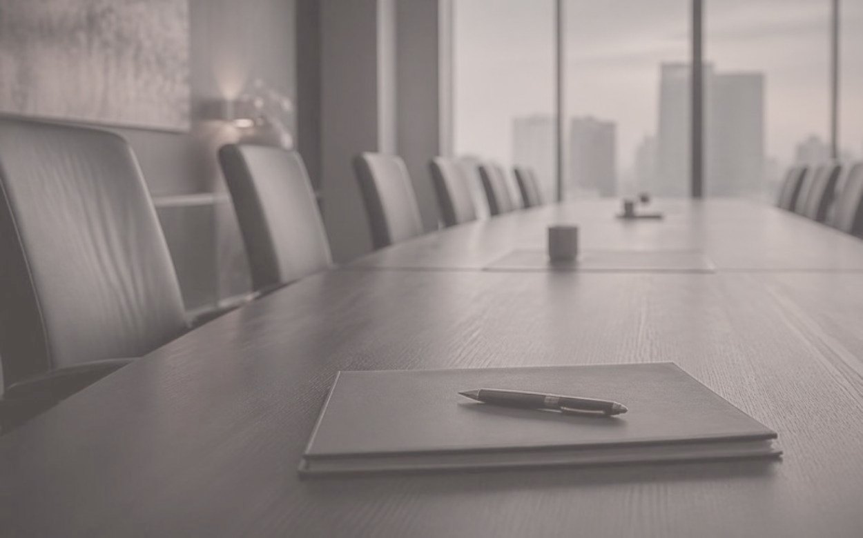 Sala de conselho com mesa longa e cadeiras vazias